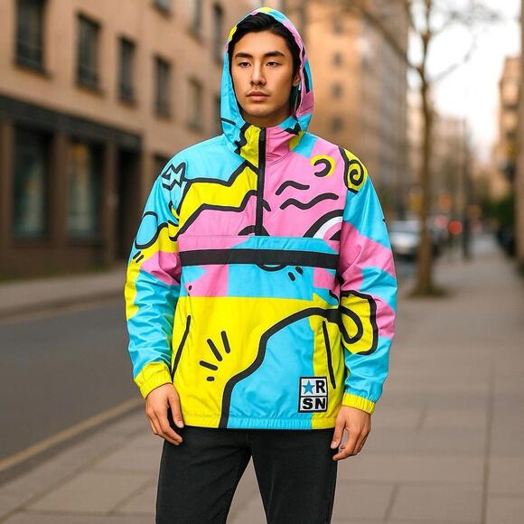 Reason Other - Reason Men’s RELAX ANORAK 80s Colorful Pullover Hoodie Windbreaker Jacket Large